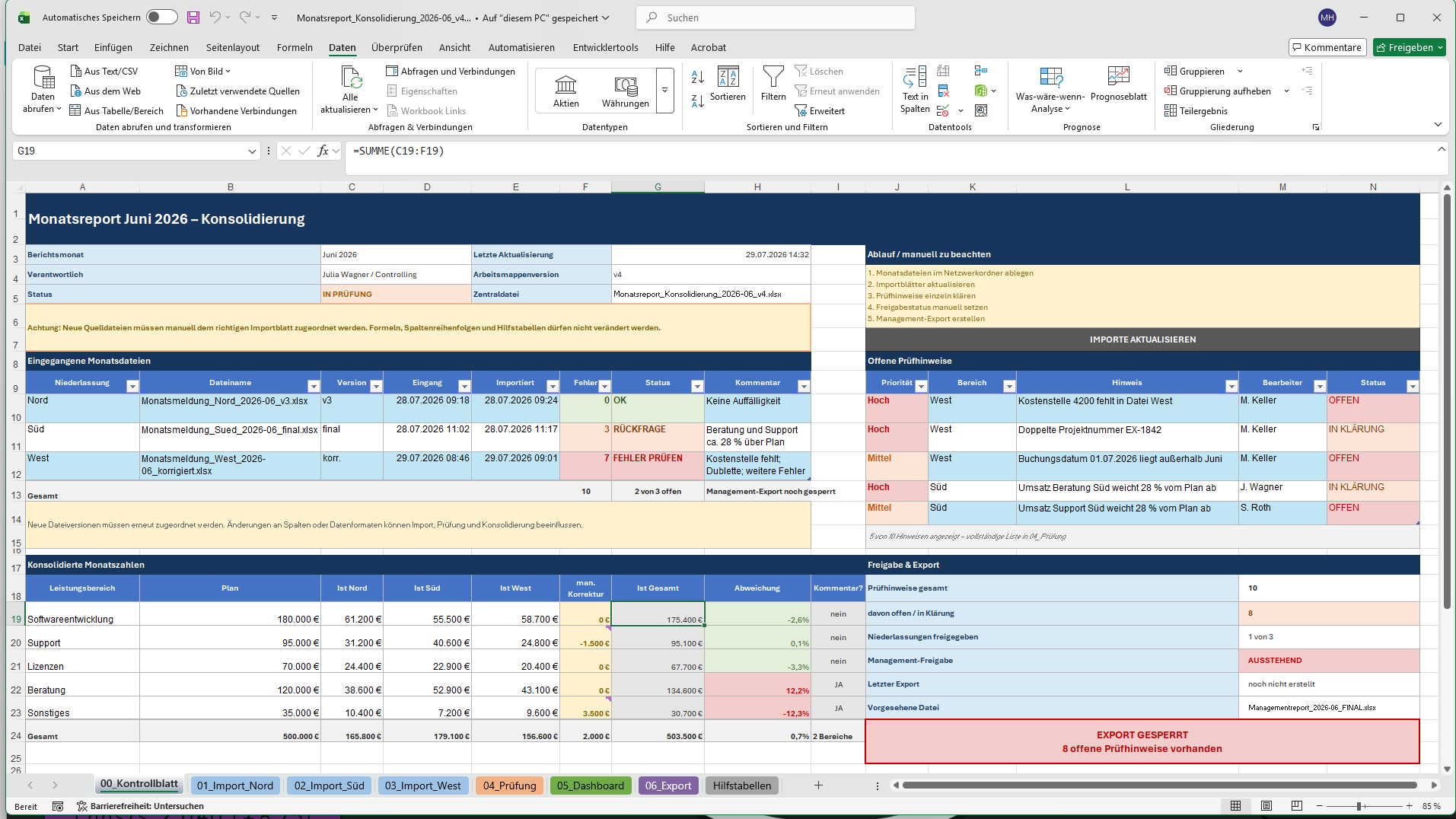 Zentrale Excel-Arbeitsmappe für den Monatsreport mit drei Niederlassungsdateien, zehn Prüfhinweisen, manuellen Korrekturen und gesperrtem Management-Export