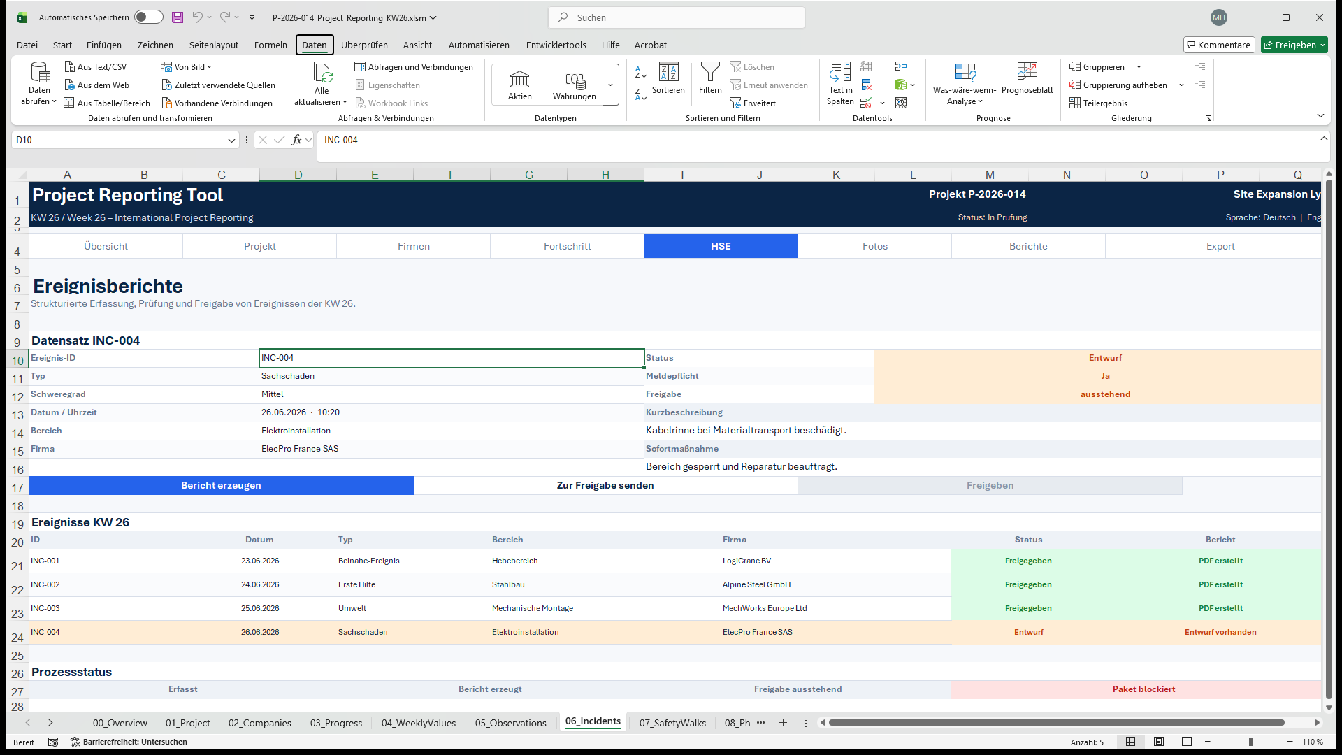 Excel-Maske für Ereignisberichte mit Sachschaden INC-004, Freigabestatus und Ereignisübersicht