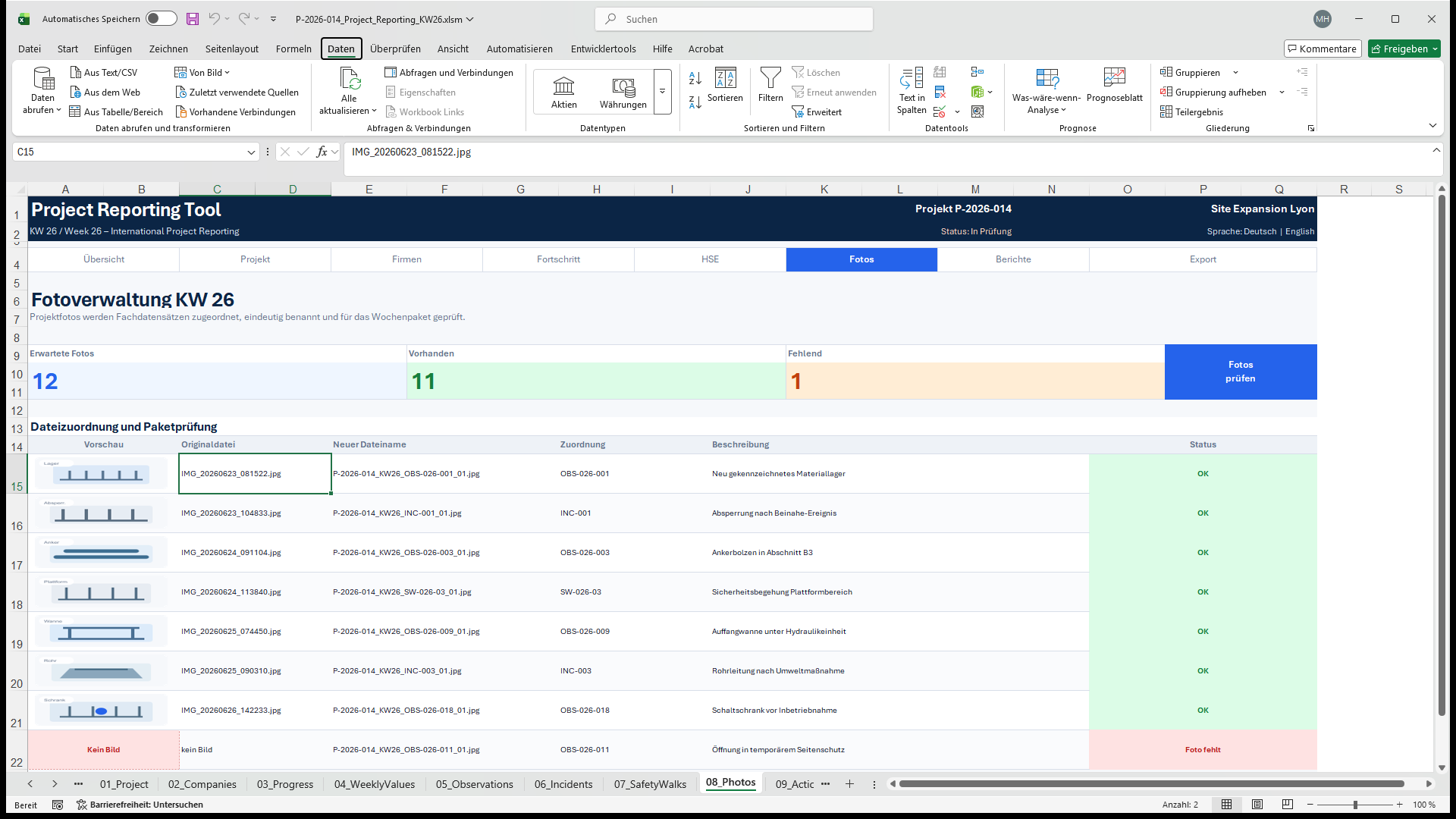 Excel-Fotoverwaltung mit Projektfotos, standardisierten Dateinamen, fachlicher Zuordnung und einem fehlenden Foto