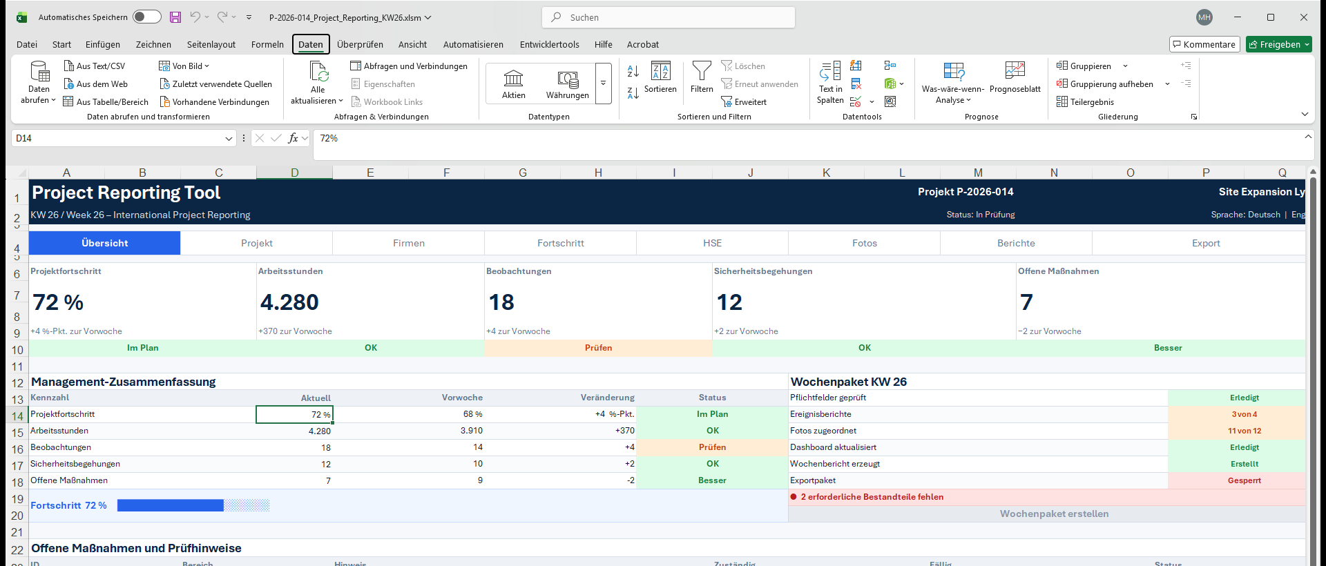 Excel-Startseite des internationalen Projektreportings mit Projektkennzahlen, Wochenpaketstatus und offenen Maßnahmen