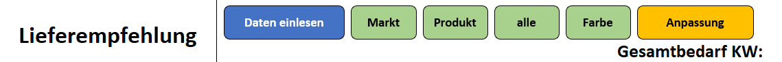 Excel-Menü mit Buttons zum Einlesen, Markt, Produkt, alle, Farbe und Anpassung