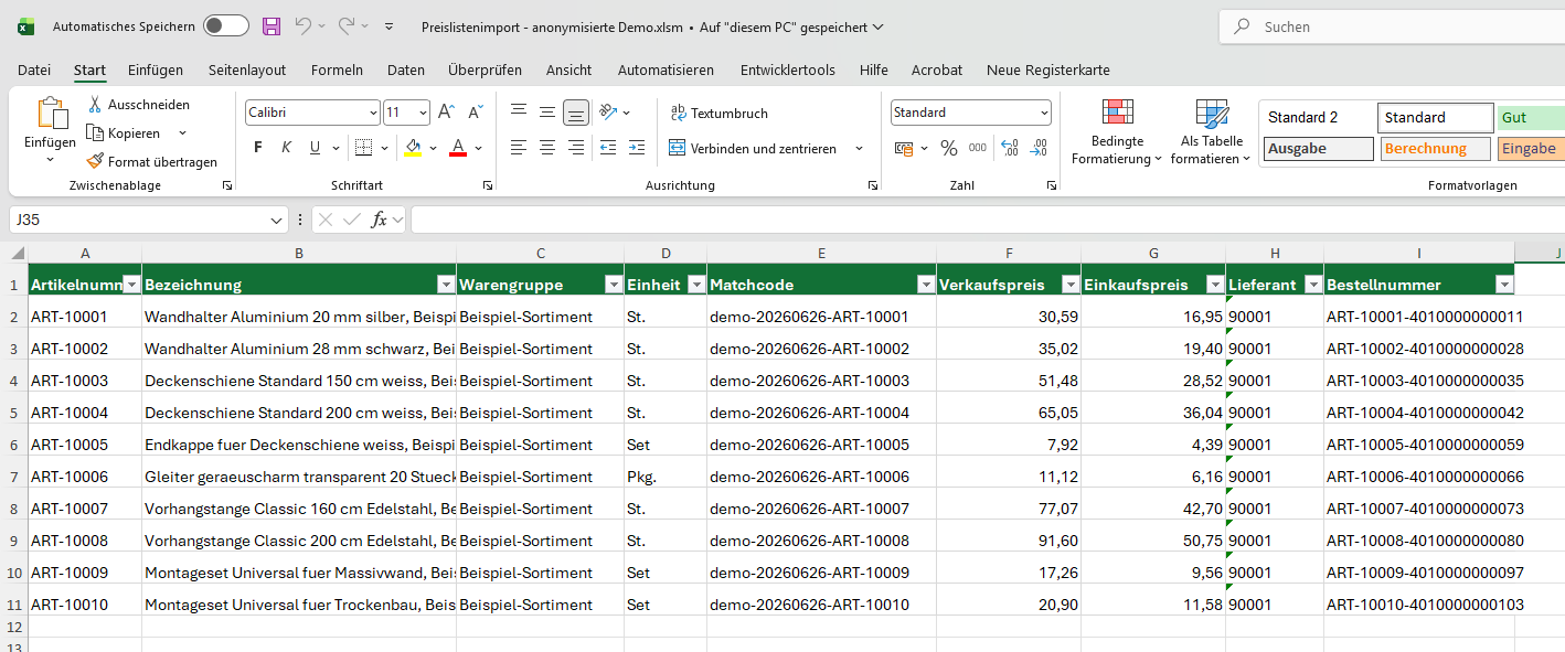 Screenshot der anonymisierten, aufbereiteten Excel-Importdatei mit Demo-Artikeln und Zielfeldern