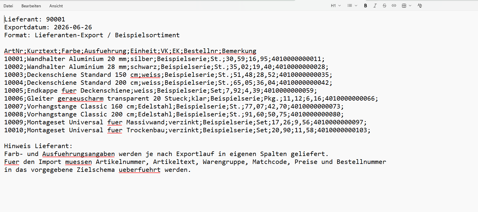 Screenshot einer anonymisierten rohen Lieferanten-Textdatei mit Demo-Artikeldaten